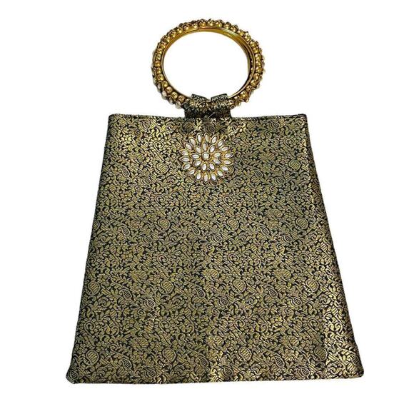Shraddah Jeweled Evening Bag Gold Paisley Gold Tone Bracelet Handle Rhinestones - Picture 1 of 9